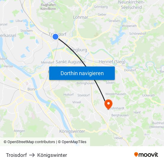 Troisdorf to Königswinter map