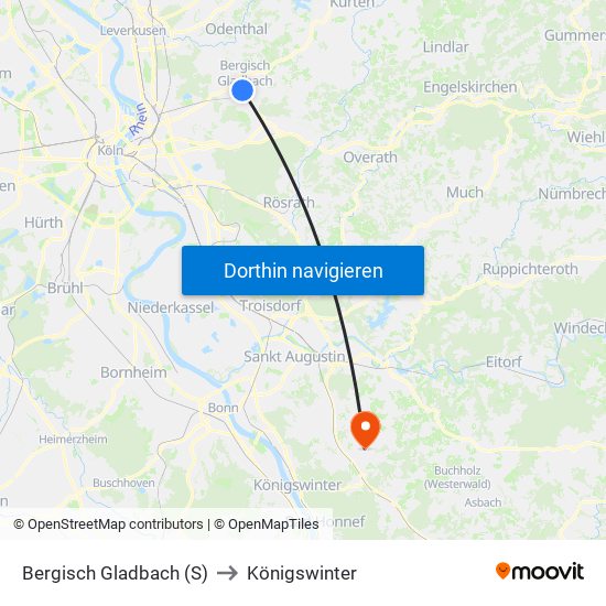 Bergisch Gladbach (S) to Königswinter map