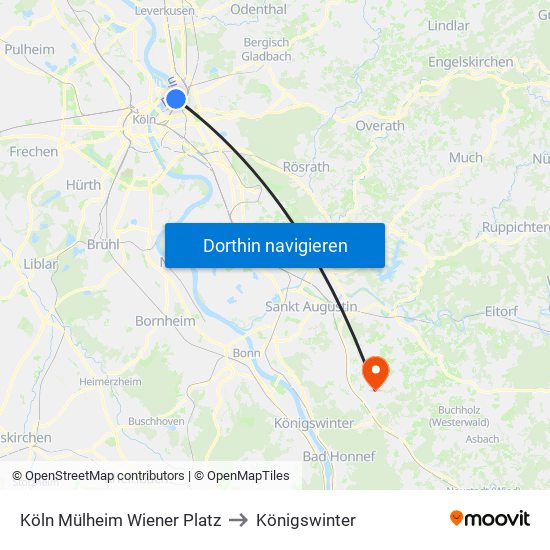 Köln Mülheim Wiener Platz to Königswinter map