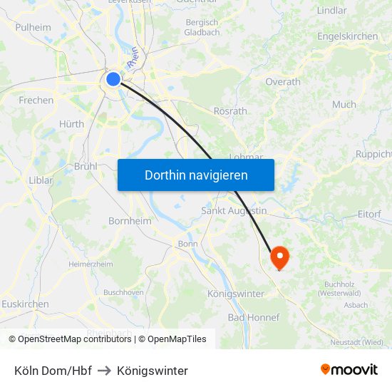 Köln Dom/Hbf to Königswinter map