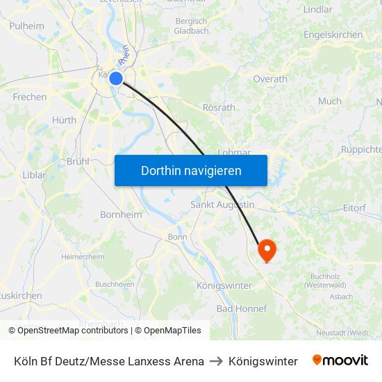 Köln Bf Deutz/Messe Lanxess Arena to Königswinter map