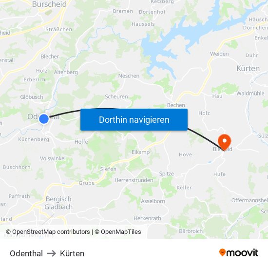 Odenthal to Kürten map