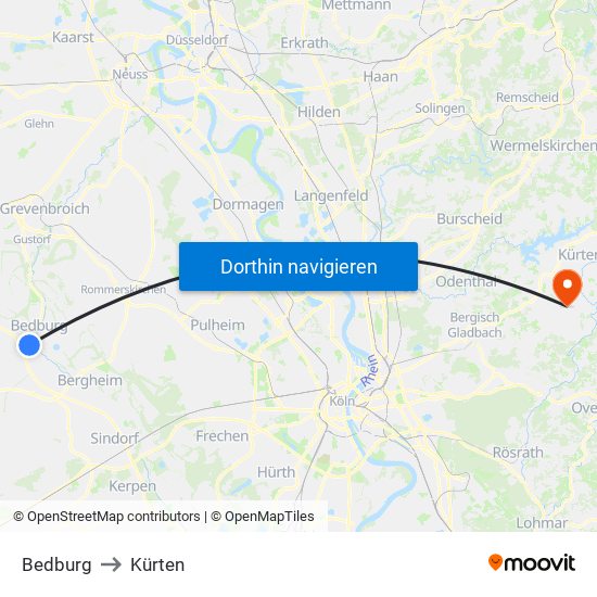 Bedburg to Kürten map