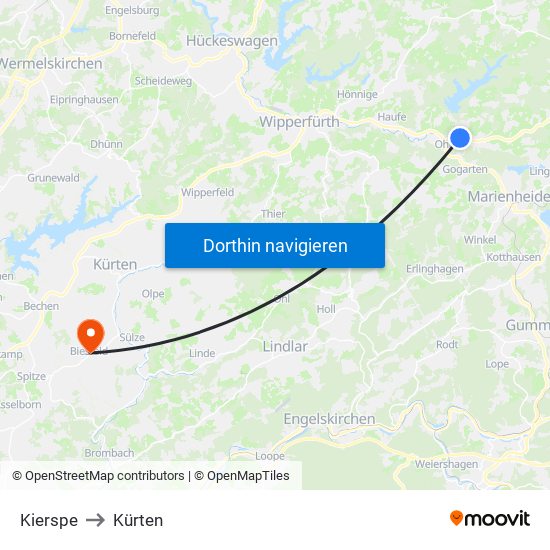 Kierspe to Kürten map