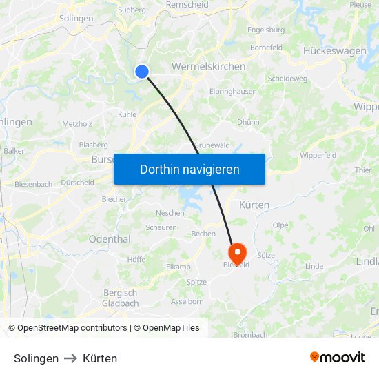 Solingen to Kürten map