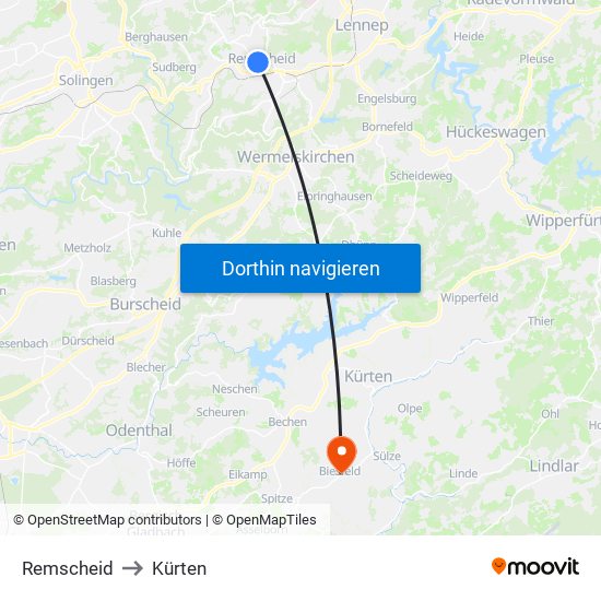 Remscheid to Kürten map