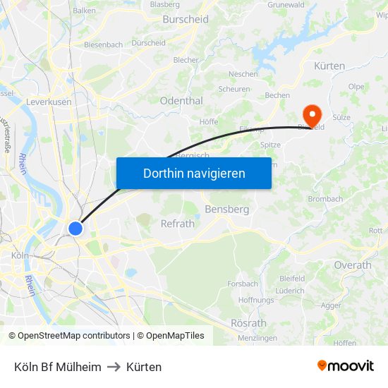 Köln Bf Mülheim to Kürten map