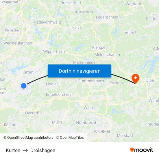 Kürten to Drolshagen map