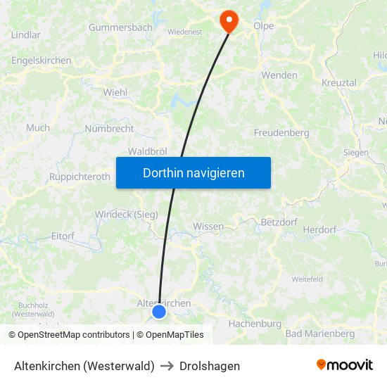 Altenkirchen (Westerwald) to Drolshagen map