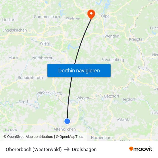 Obererbach (Westerwald) to Drolshagen map