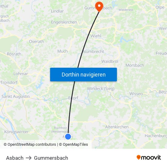 Asbach to Gummersbach map