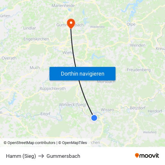 Hamm (Sieg) to Gummersbach map