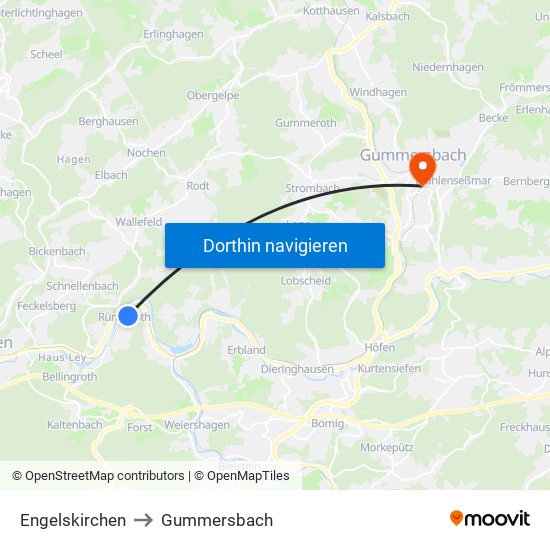 Engelskirchen to Gummersbach map