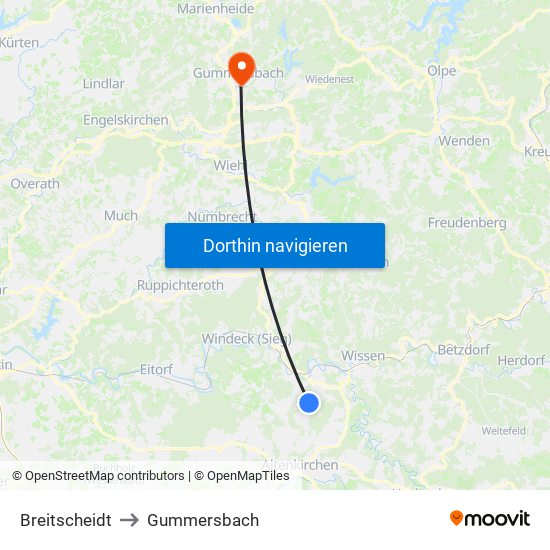 Breitscheidt to Gummersbach map