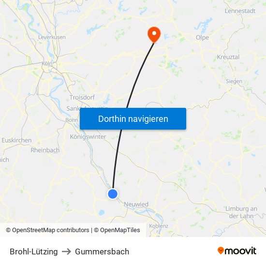 Brohl-Lützing to Gummersbach map