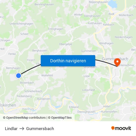 Lindlar to Gummersbach map