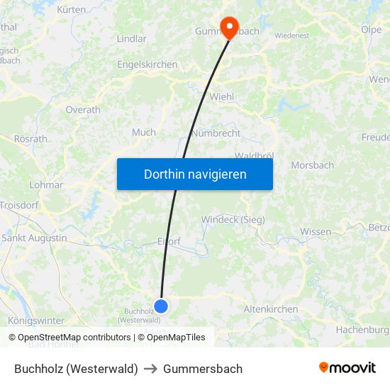 Buchholz (Westerwald) to Gummersbach map