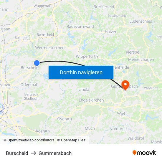 Burscheid to Gummersbach map