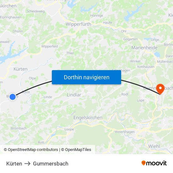 Kürten to Gummersbach map