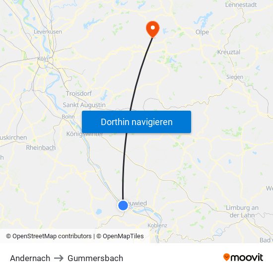 Andernach to Gummersbach map