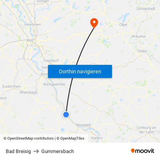 Bad Breisig to Gummersbach map