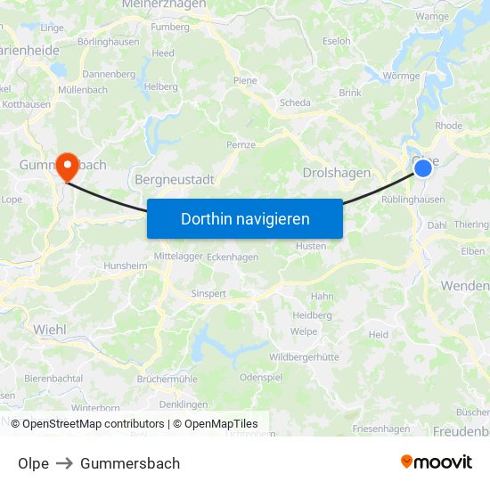 Olpe to Gummersbach map