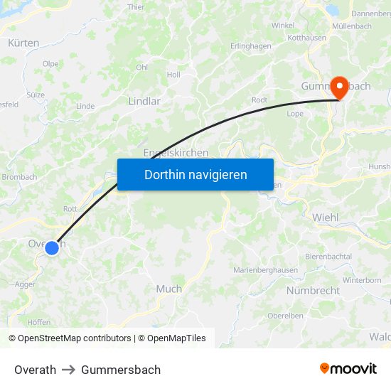 Overath to Gummersbach map