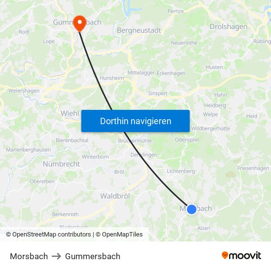Morsbach to Gummersbach map