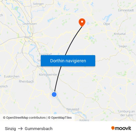 Sinzig to Gummersbach map