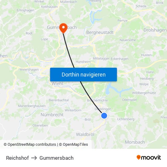 Reichshof to Gummersbach map