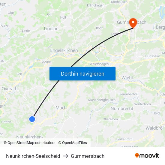 Neunkirchen-Seelscheid to Gummersbach map