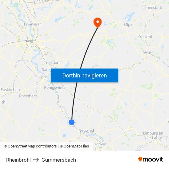 Rheinbrohl to Gummersbach map