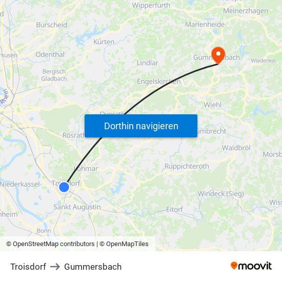 Troisdorf to Gummersbach map