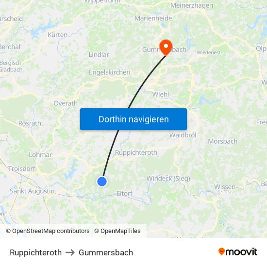 Ruppichteroth to Gummersbach map