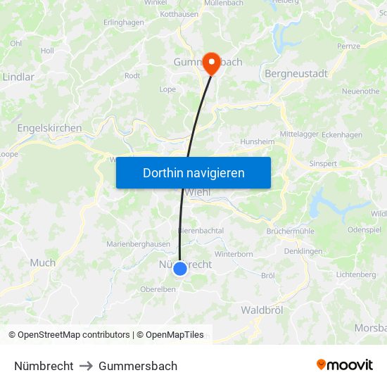 Nümbrecht to Gummersbach map