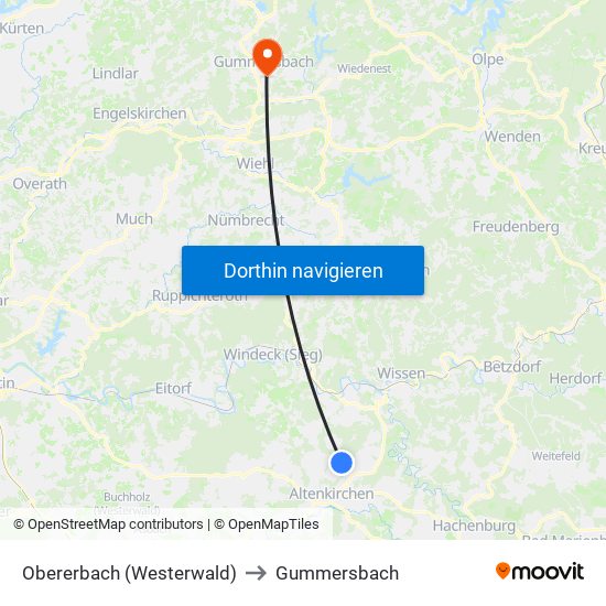 Obererbach (Westerwald) to Gummersbach map