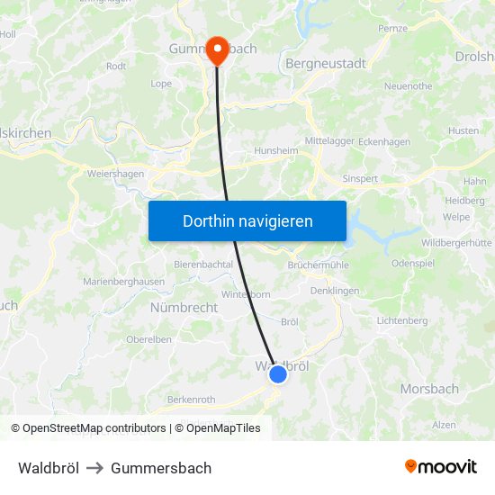 Waldbröl to Gummersbach map