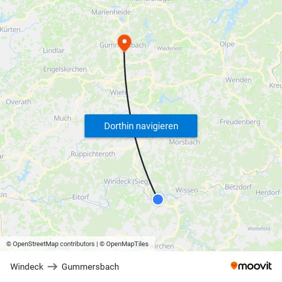 Windeck to Gummersbach map