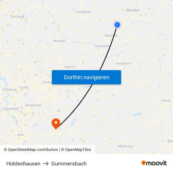 Hiddenhausen to Gummersbach map