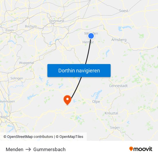 Menden to Gummersbach map