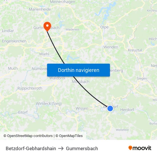 Betzdorf-Gebhardshain to Gummersbach map