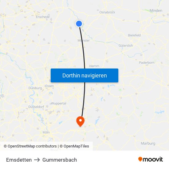 Emsdetten to Gummersbach map