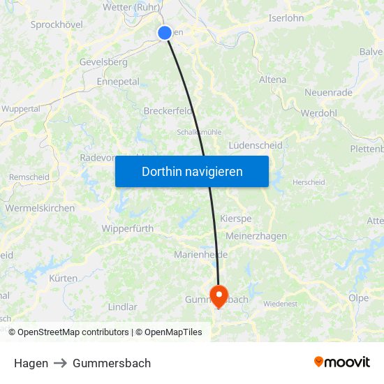Hagen to Gummersbach map