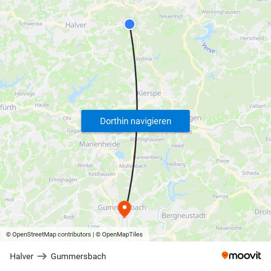 Halver to Gummersbach map