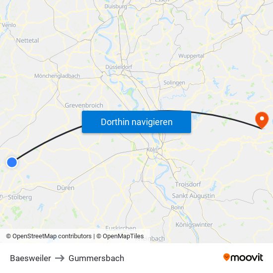 Baesweiler to Gummersbach map