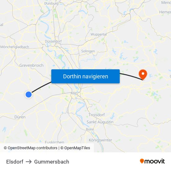 Elsdorf to Gummersbach map