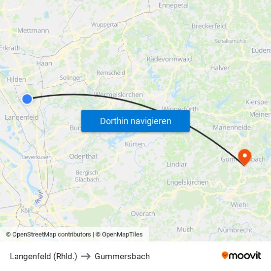 Langenfeld (Rhld.) to Gummersbach map