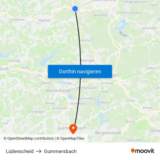 Lüdenscheid to Gummersbach map