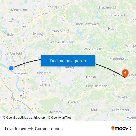 Leverkusen to Gummersbach map