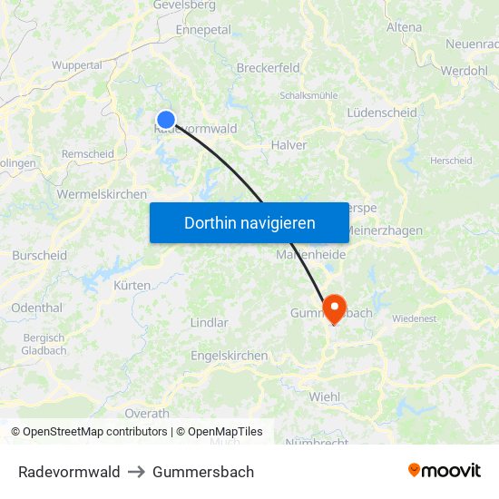 Radevormwald to Gummersbach map